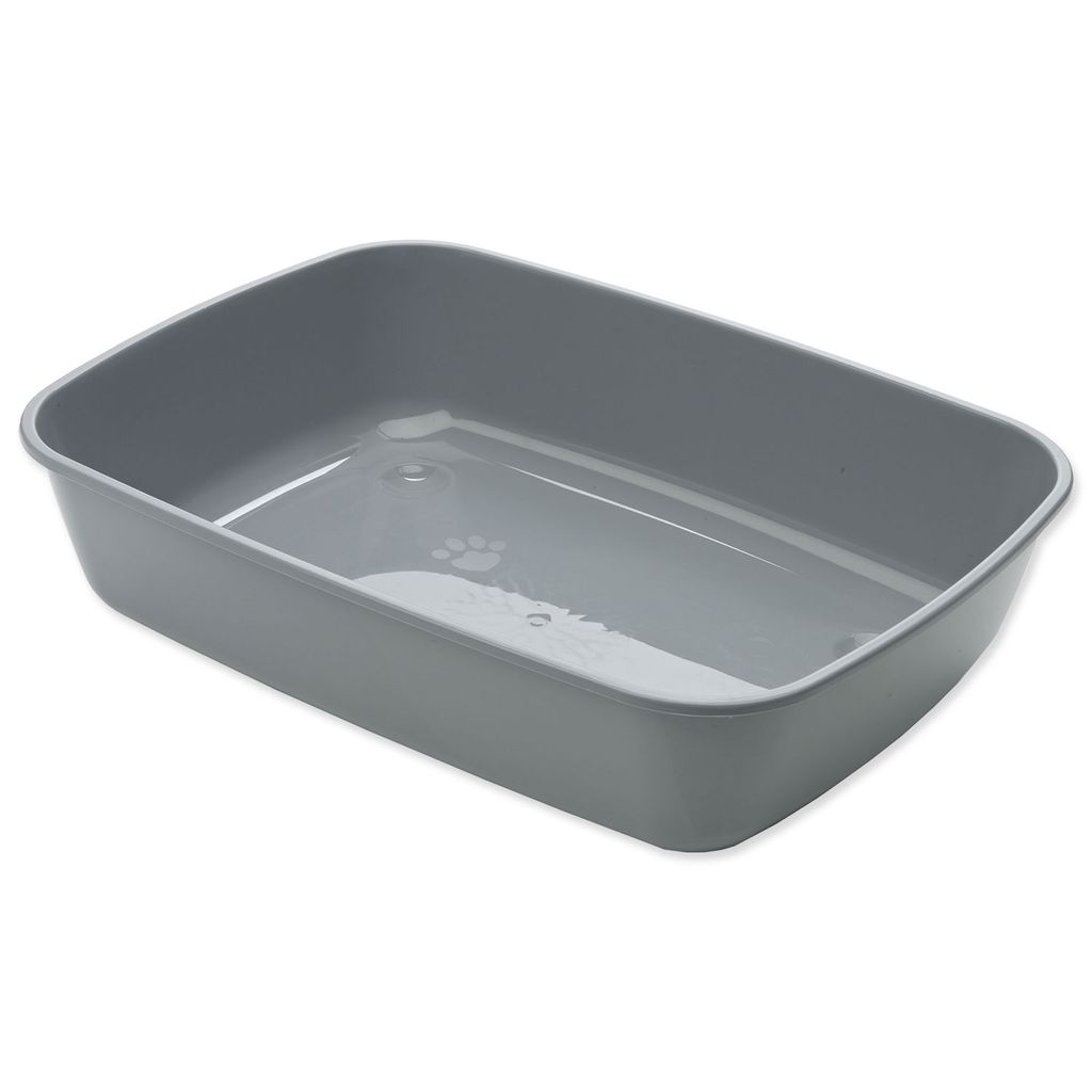 A gray litter box is shown from a slightly elevated side angle against a white background.