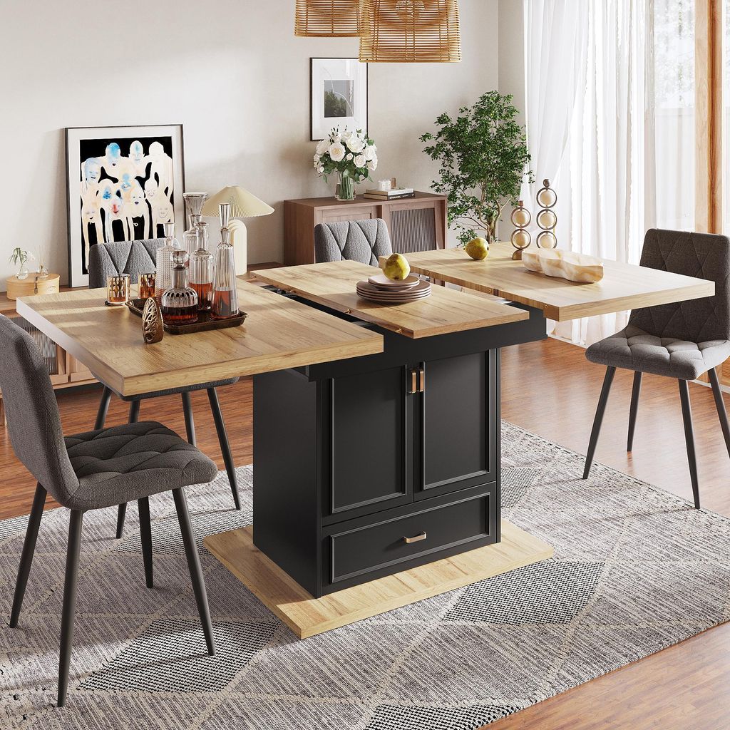 A dining room scene with an extendable table and chairs.