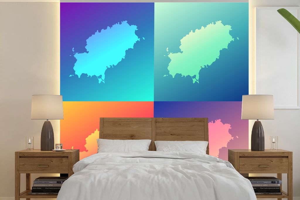 MuchoWow Fototapete für Wohnzimmer oder Schlafzimmer Wandtapete Vinyl Motivtapete Eine Illustration von vier Karten von Ibiza - 220x220 cm - Tap...