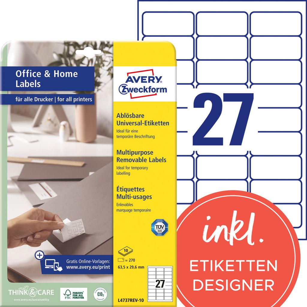 Avery Zweckform L4737REV-10 Etiketten, ablösbar, Home Office, Kleinpackung, A4 63,5 x 29,6 mm, weiß