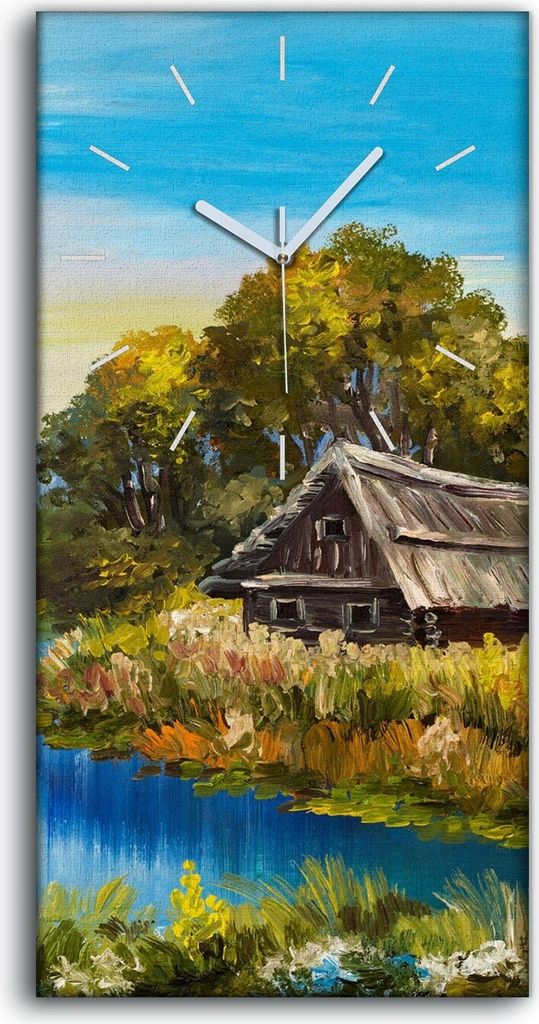 Dekor Leinwand Uhr Wandbilder 30x60 Malerei Wald Bäume Fluss Himmel Hütte - weiße Hände