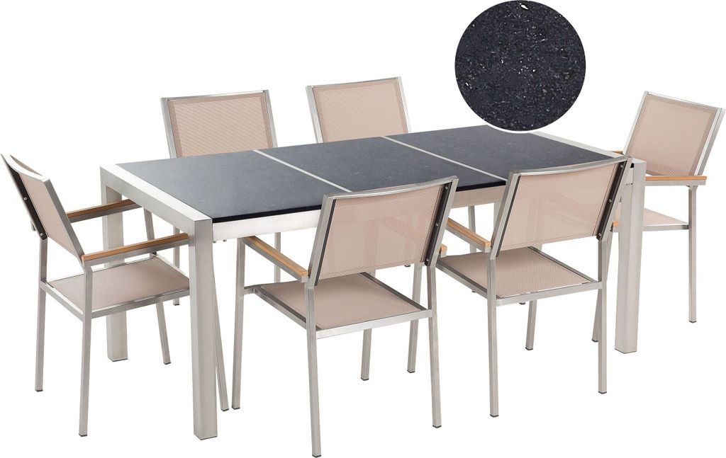 BELIANI Gartenmöbel Set Schwarz Beige Granit Edelstahl Tisch 180 cm Poliert 6 Stühle Terrasse Outdoor Modern