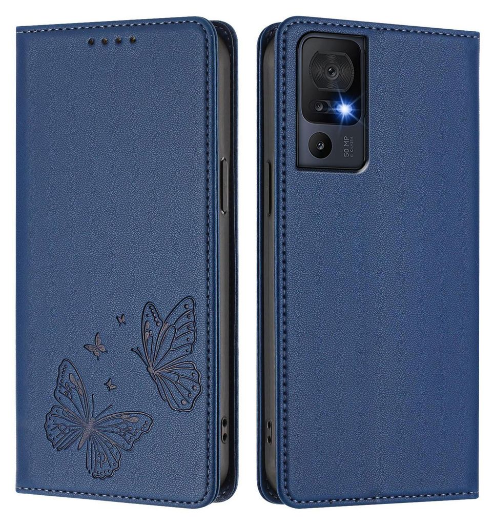 Lederhülle für TCL 40 SE, Schmetterling Prägung Leder Brieftasche Schutzhülle mit Ständer Dunkelblau