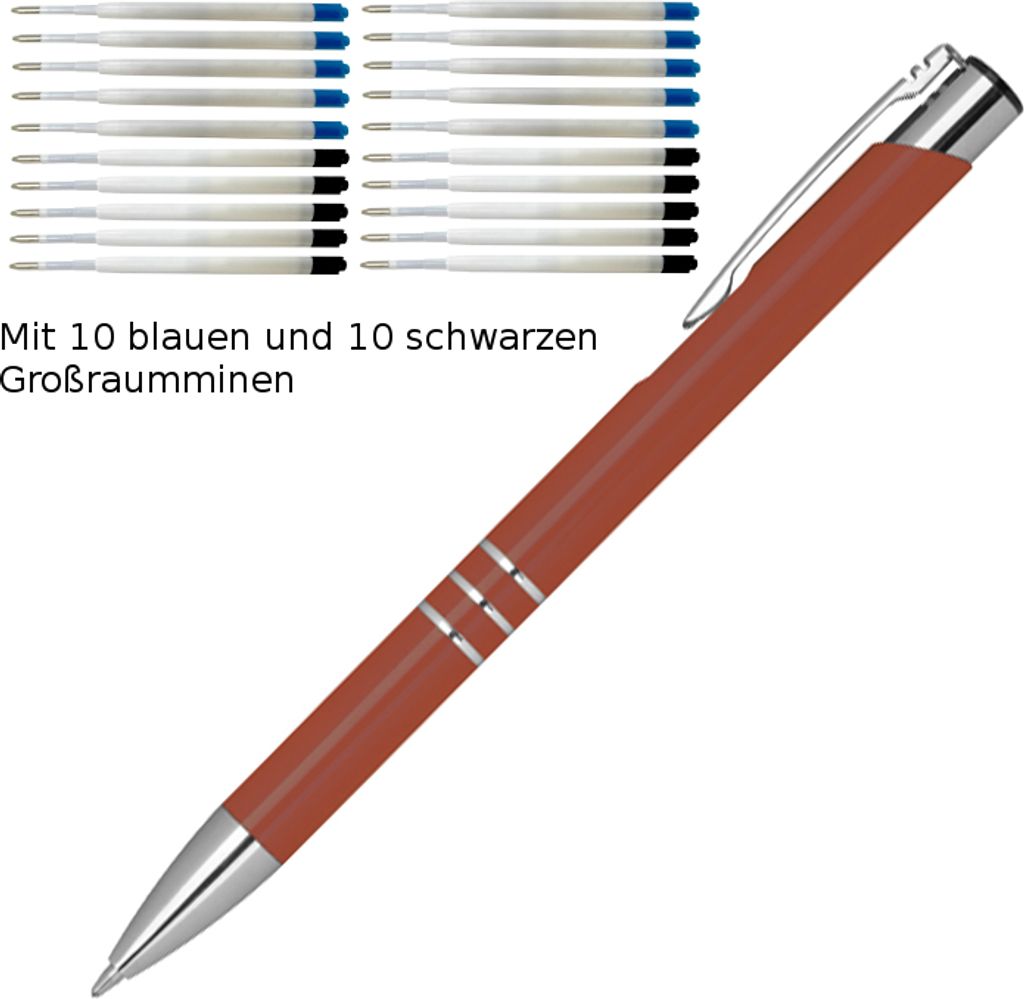 10 Kugelschreiber aus Metall / je 10 schwarze + blaue Minen / Farbe: kupfer