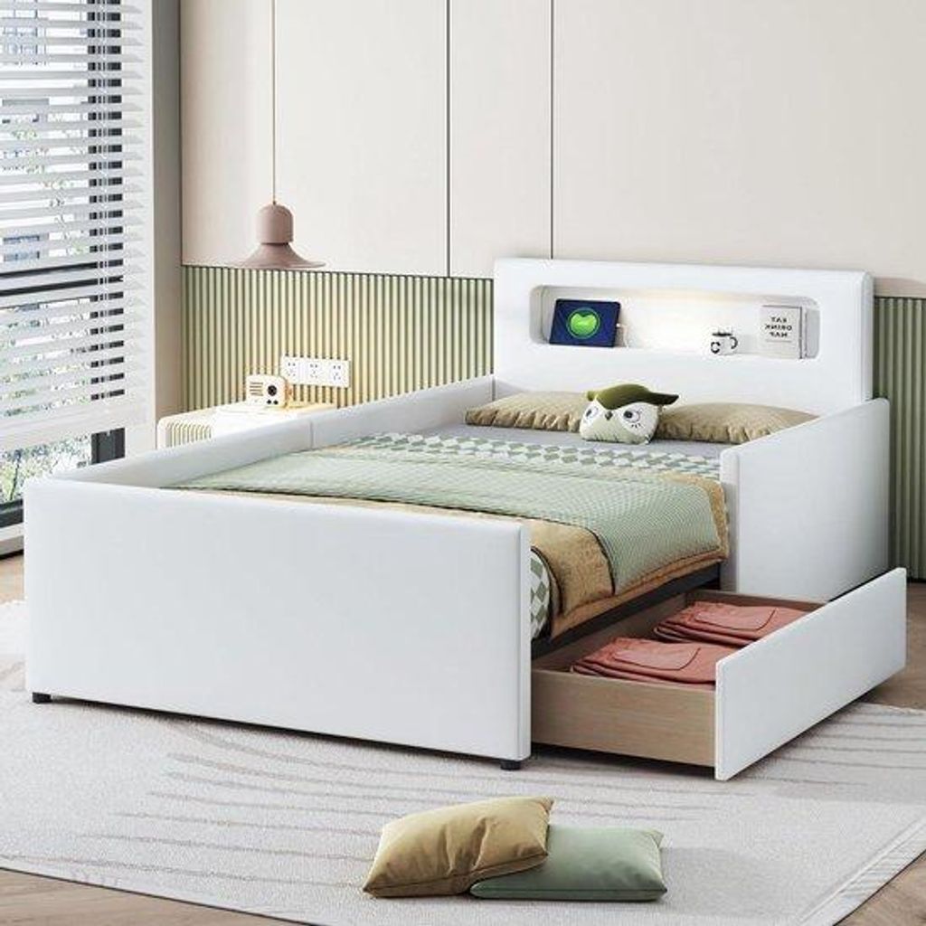 Kinderbett aus Stoff - Jungen Mädchen Bett - Sicher Schlafen - mit USB-Nachttisch - 90 x 200 cm - Weiß