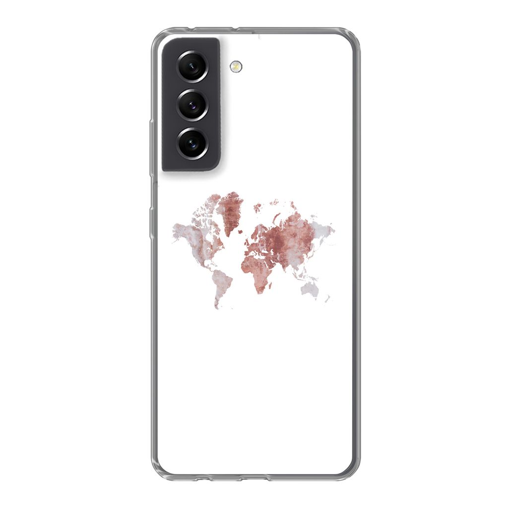 MuchoWow Handyhülle Schutzhülle Hülle für Samsung Galaxy S21 FE Weltkarte - Rosa - Farbe Silikon Softcase Handy Hülle - Mobiltelefonhülle