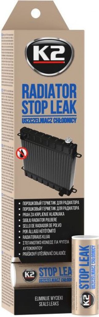 A product box for K2 Radiator Stop Leak, showing a diagram of a car radiator and text in multiple languages.