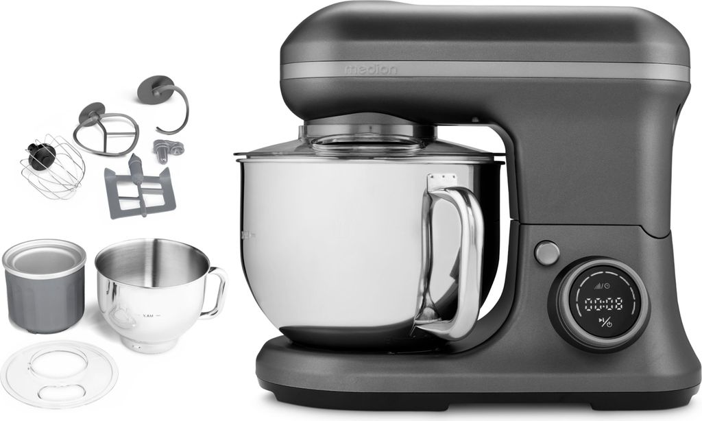 A kitchen mixer with various attachments is displayed against a white background.