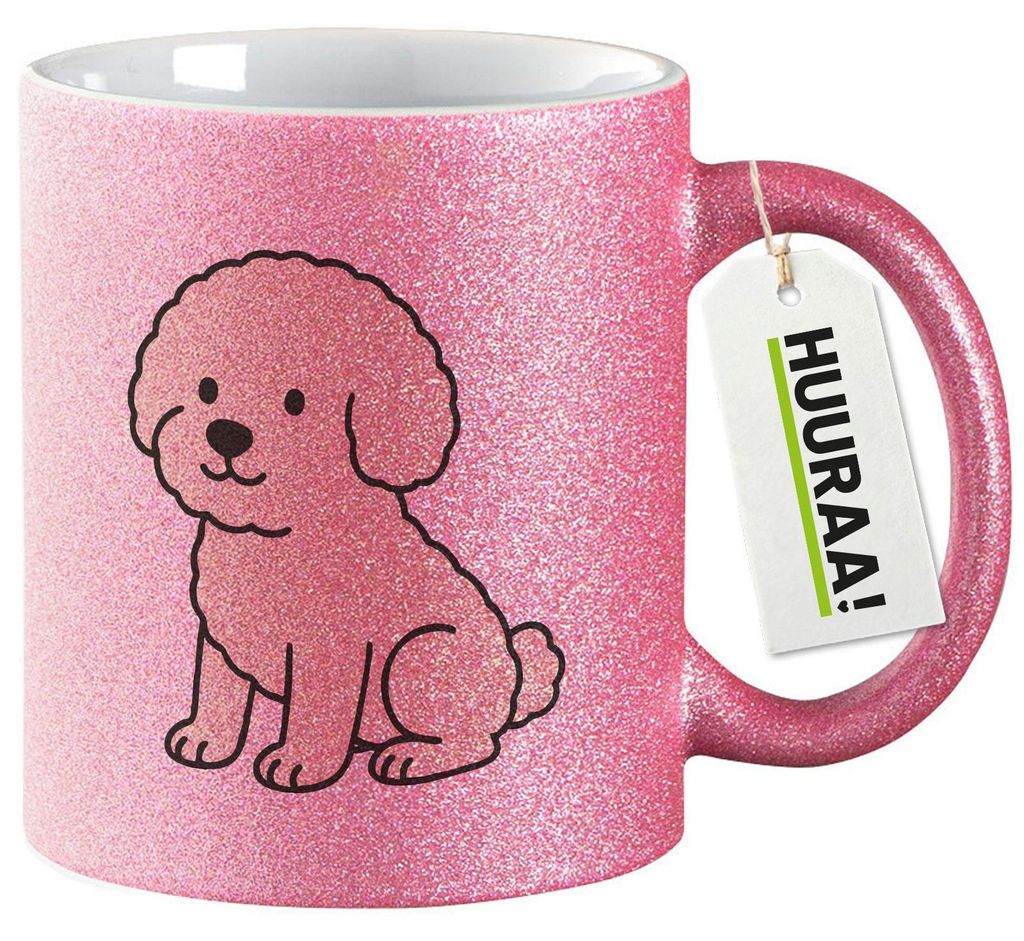 Huuraa Glitzertasse Bichon Frisé Comic Bichie 330ml Pink Keramik Kaffeebecher Geschenkidee