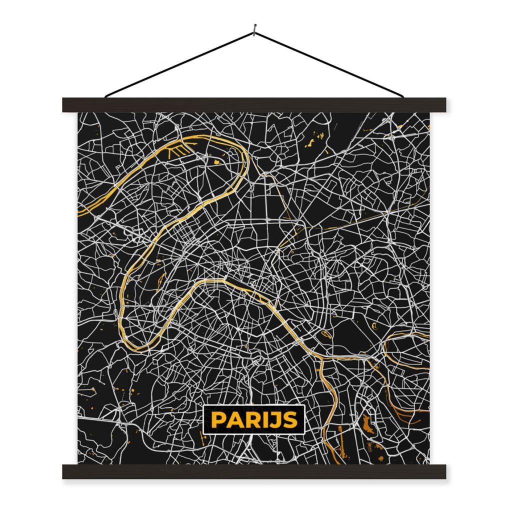 MuchoWow Textilposter Karte - Paris - Stadtplan - Gold - Karte 120x120 cm mit schwarzem Rahmen - Aufhängungsset