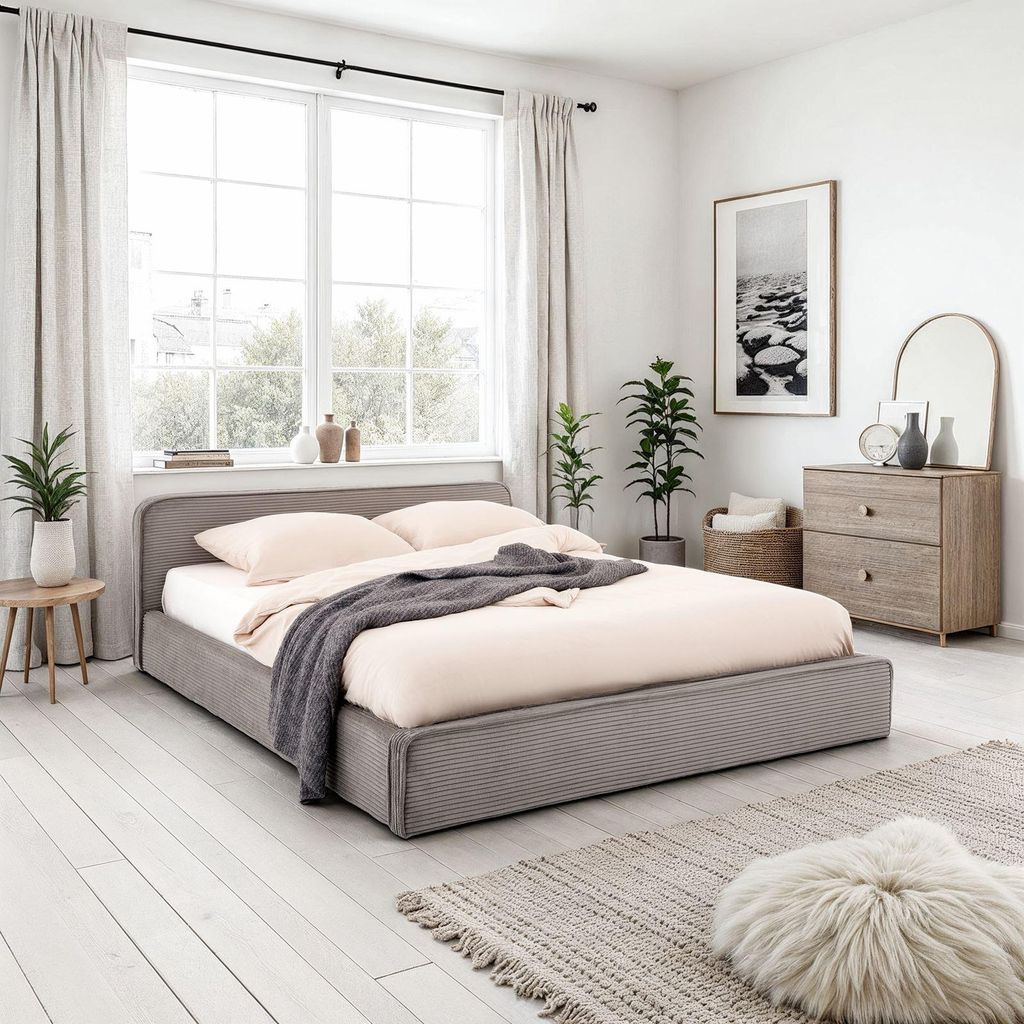 Polsterbett CURSIO mit Lattenrost 140x200, Grau– Bett mit Polsterung in Cordoptik, Holzrahmen mit Metallrohr, stabiles Doppelbett inklusive Latte...