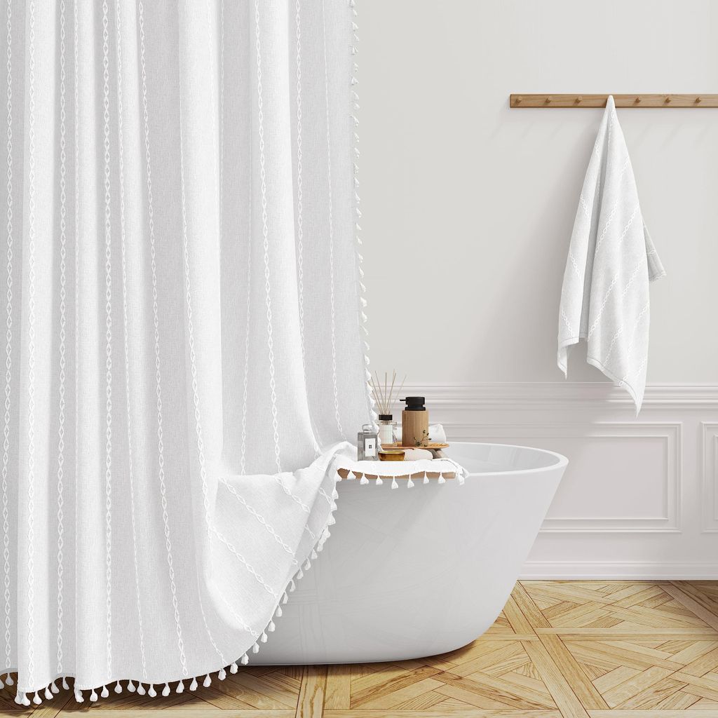 Duschvorhang 182 x 200 cm, schwerer Stoff im Boho-Landhausstil mit rustikalem Streifenmuster und Quasten, wasserdicht und beschwert, im Vintage-Sti...