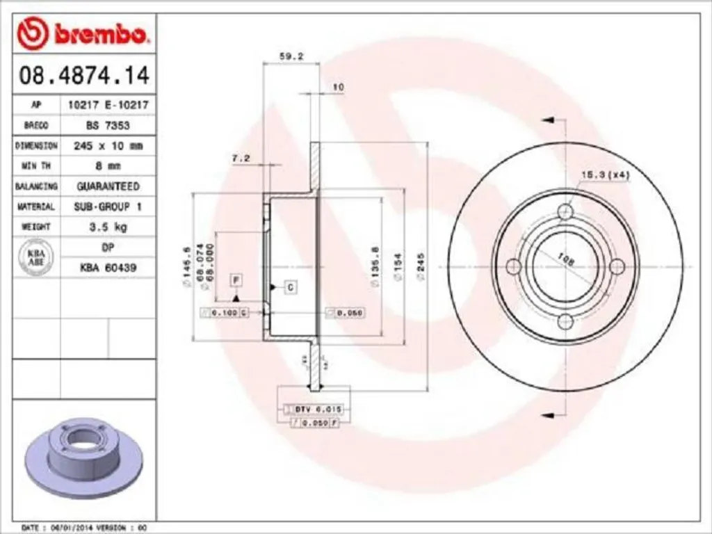 Disque de frein Brembo 08.4874.14 contre vibrations et bruits au freinage