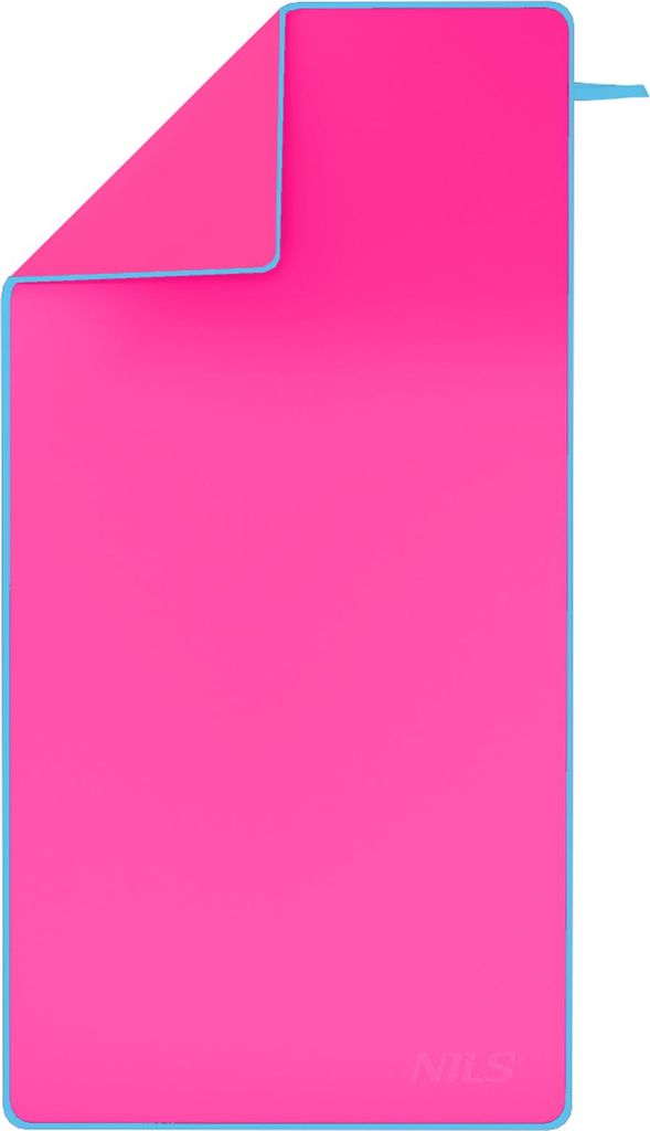 A folded pink microfiber towel with a blue trim and a blue loop on the side, laid flat against a white background.