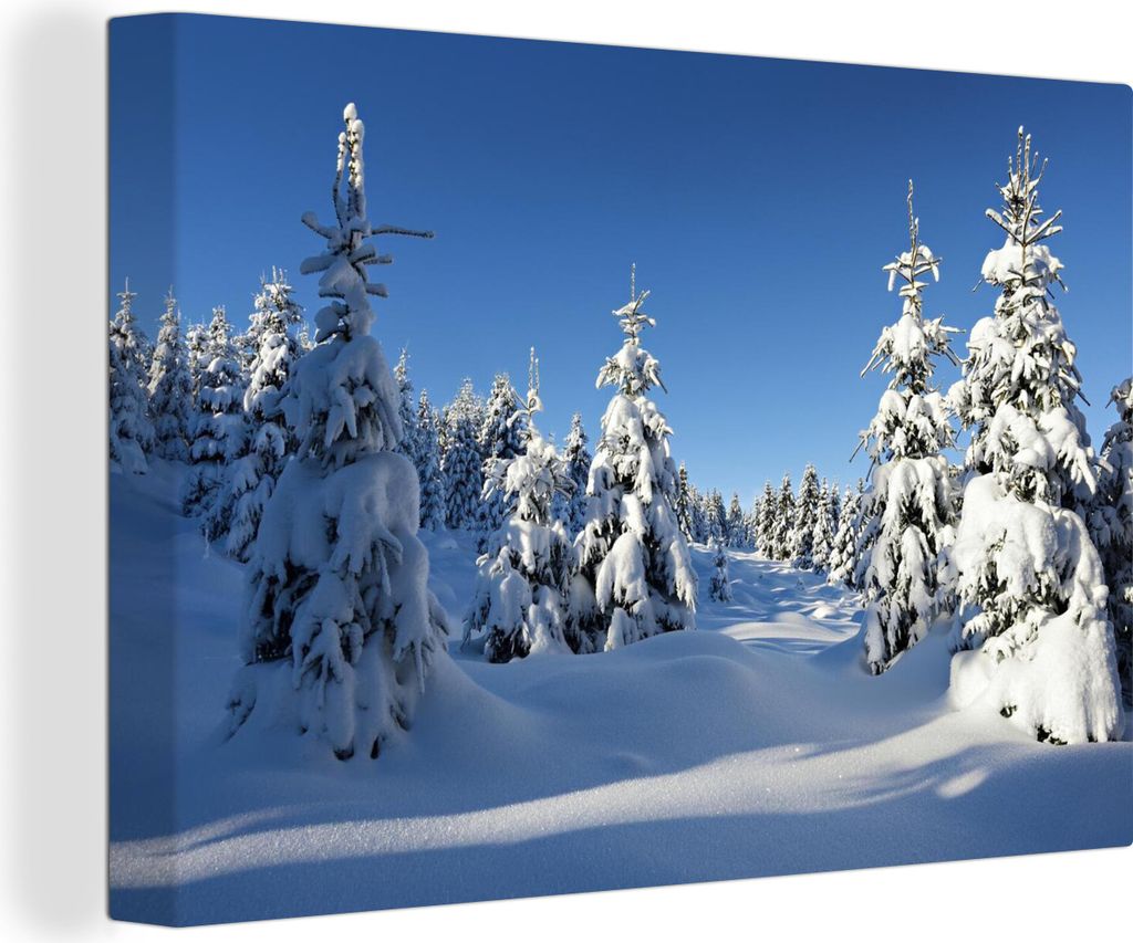 OneMillionCanvasses - Leinwandbilder - 150x100 cm, Schnee bedeckt die Nadelbäume des Nationalparks Harz in Deutschland, Wandbilder Kunstdruck Wa...