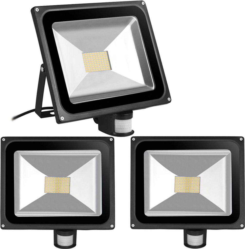 3pcs 80W LED Fluter SMD Strahler mit PIR Bewegungsmelder,Greenmigo 120° Fluter IP65 Wasserdicht Aluminiumkörper Schwarz Warmweiß