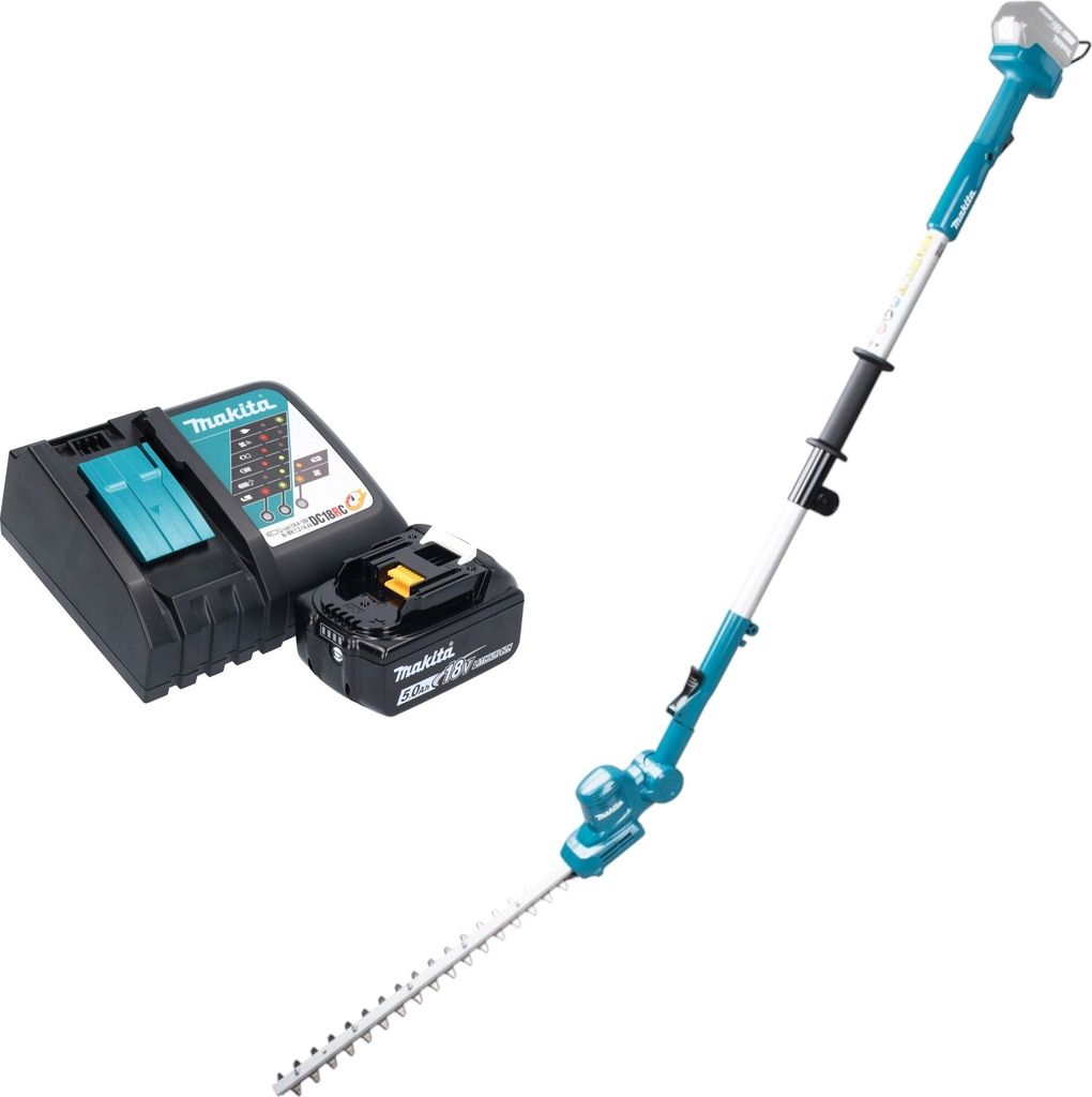 A cordless hedge trimmer, battery, and charger are displayed against a white background.