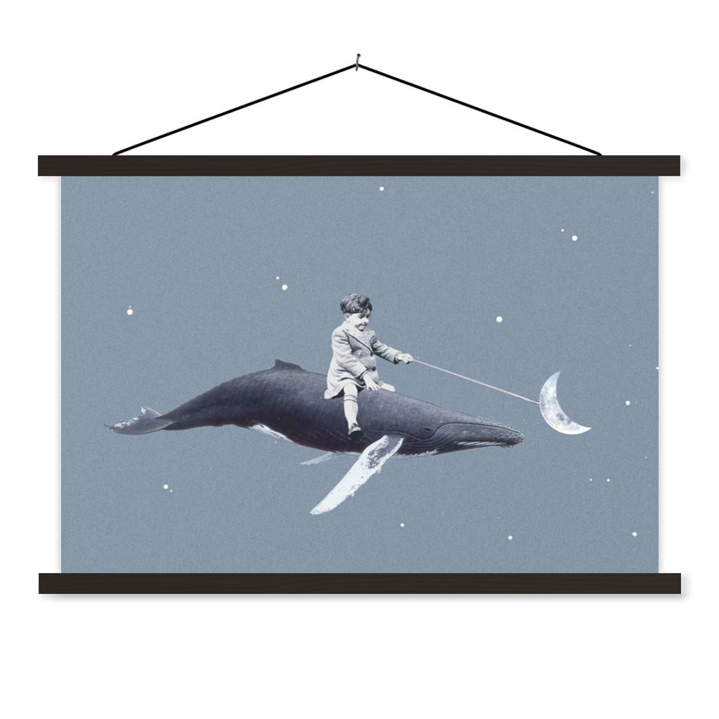MuchoWow Textilposter Weltraum - Junge - Mond - Wal 60x40 cm mit schwarzem Rahmen - Hölzernes