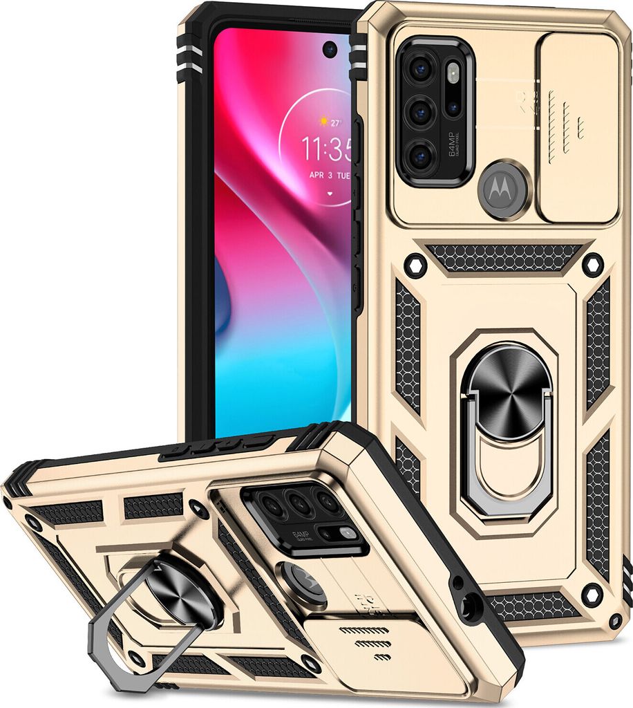 Moto G60S Hülle mit Schiebe Kamera Schutz und Ringhalter Ständer Robust Rüstung Schutzhülle für Motorola Moto G60S Gold