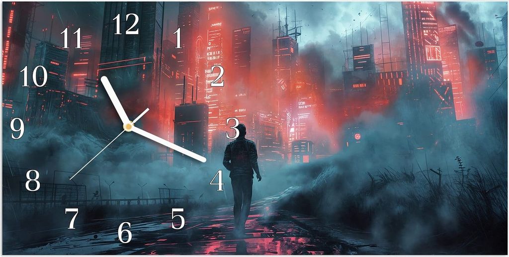 Wanduhr aus Glas mit Motiv Neonstadt- 60 x 30 cm - inkl. Aufhängesystem