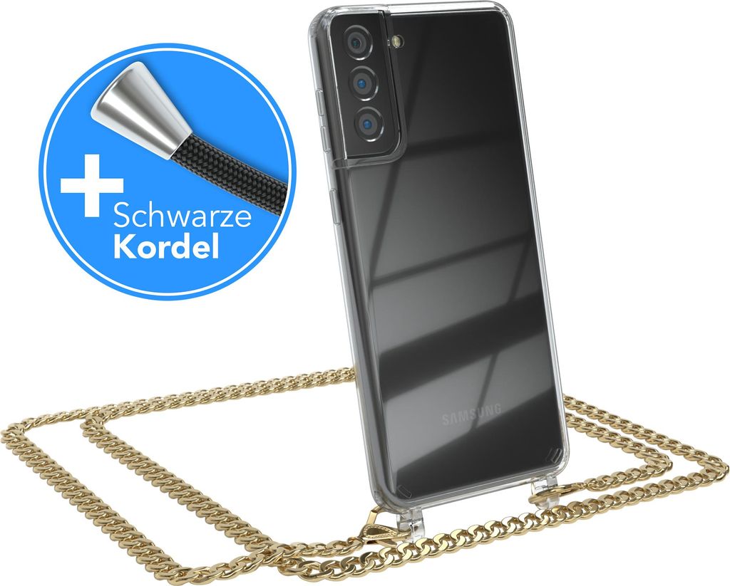 EAZY CASE Metall Handykette für Samsung Galaxy S21 Plus 5G, Handyhülle mit Umhängeband, Silikonhülle, Metallkette für Smartphone in Gold