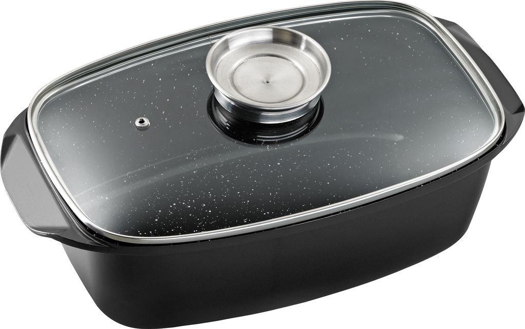 A black roasting pan with a glass lid and a silver knob on a white background.