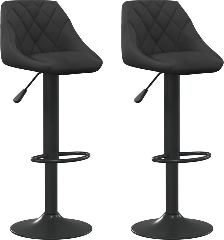 Two black velvet bar stools are shown against a white background.