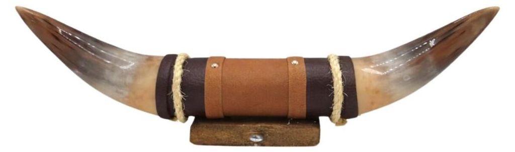 Bullenhorn Wandobjekt Modell 13 - Naturhorn Einzelstück mit Leder & Holzhalterung -