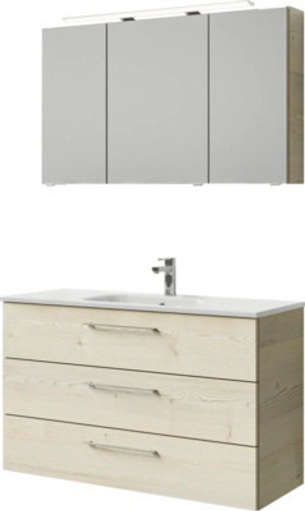 Badmöbel-Set Pelipal Sunline 121 BxHxT 121 x 200 x 46 cm Frontfarbe Polar Pinie mit Mineralguss-Waschtisch Waschtischunt