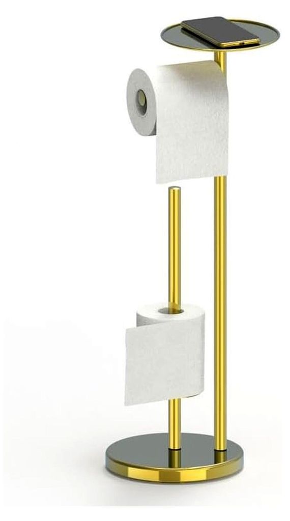 Freistehender Toilettenpapierhalter aus Edelstahl in Gold mit Ablage und Reservefunktion für Badezimmer und Toilette