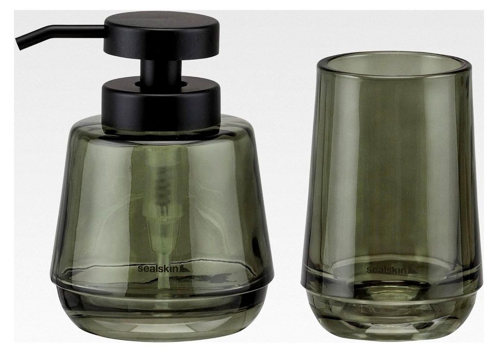 Badaccessoire-Set, bestehend aus Seifenspender 380 ml und Zahnputzbecher, Glas, Farbe: Grün