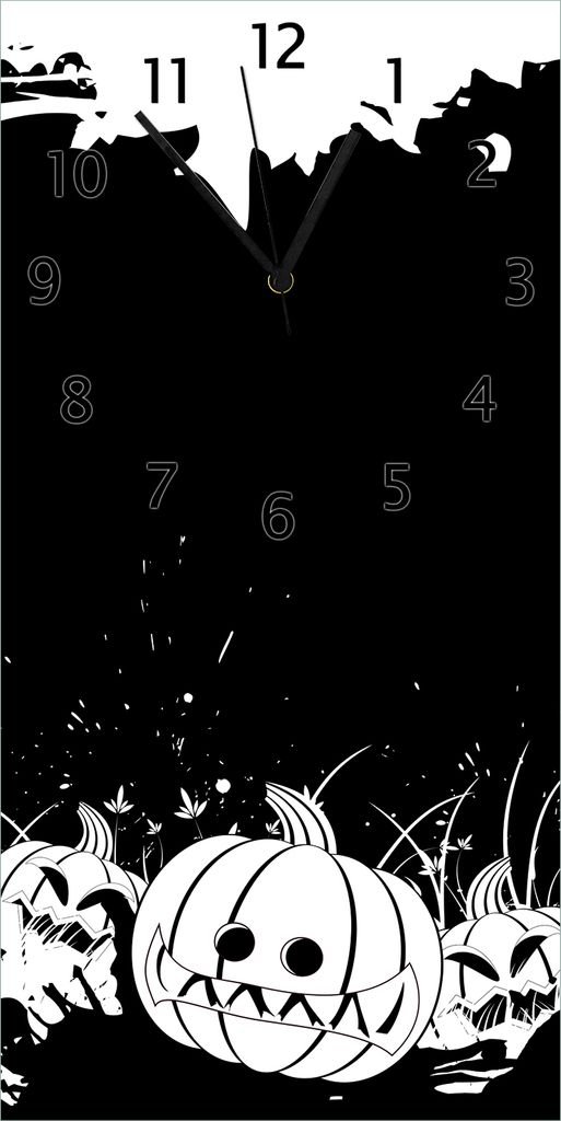 Wallario Design Wanduhr bedruckt, Größe 30 x 60 cm, Motiv: Halloween - Kürbisse und Fledermäuse in schwarz-weiß, Comic Stil