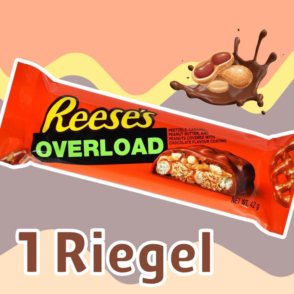 1x Reese’s Overload Riegel – Erdnussbutter, Brezeln & Karamell, 42 g+ Heartforcards Versandschutz