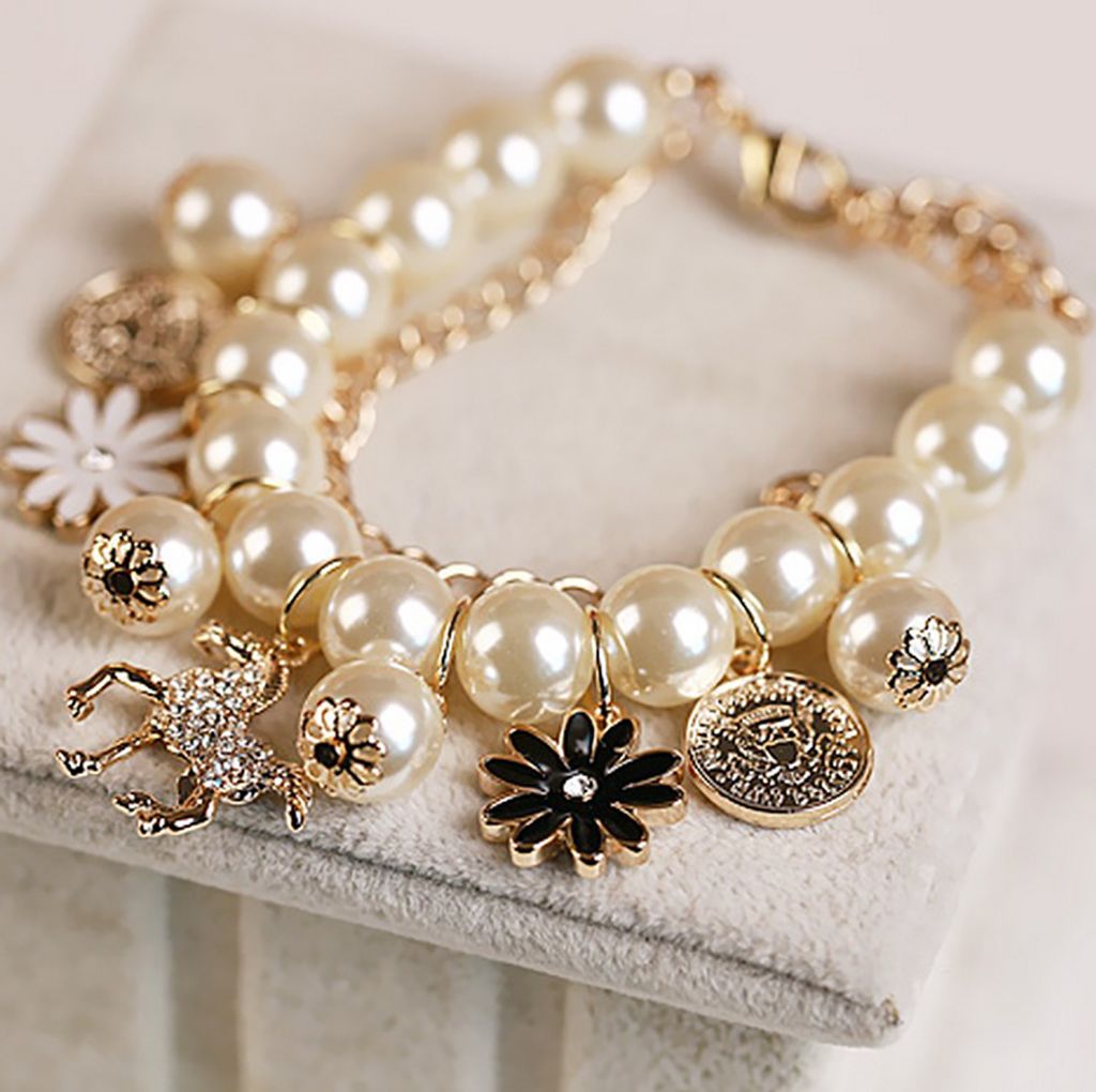 Pferd Blumen Charm Damen Armband Kunstperle Party Armreif Geschenk Modeschmuck