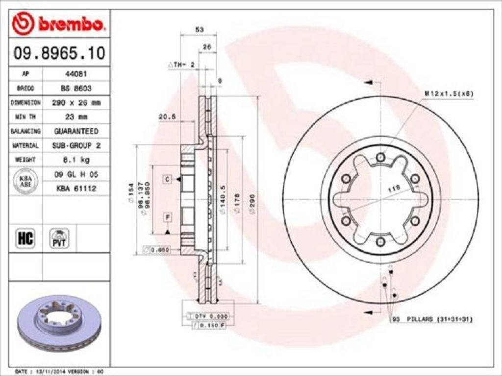 2x BREMBO 09.8965.10 Bremsscheibe Vorderachse Produktbild 