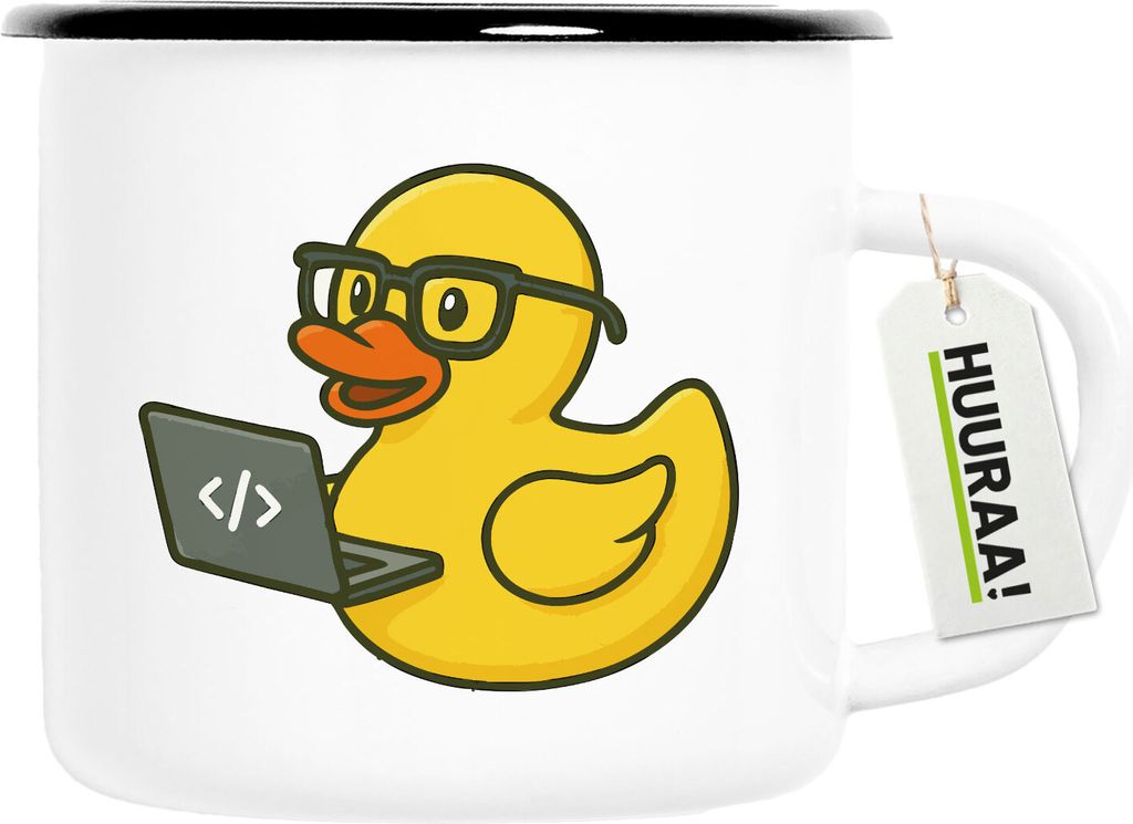 Huuraa Emaille Tasse Quietscheente Softwareentwicklung Comic Gummiente 300ml Vintage Campingbecher Geschenkidee