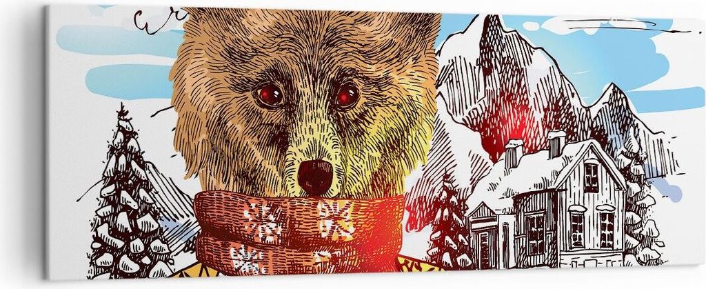 Bild auf Leinwand - Leinwandbild - Bär Berge Kinder Winter - 140x50cm - Wand Bild - Wanddeko - Leinwanddruck - Bilder - Kunstdruck - Wanddekoratio...