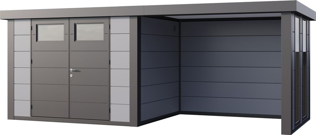 Telluria Metallgerätehaus Classico 3024 mit Lounge Anbau inkl. 2 Fenstern lichtgrau Lounge-Anbau rechts