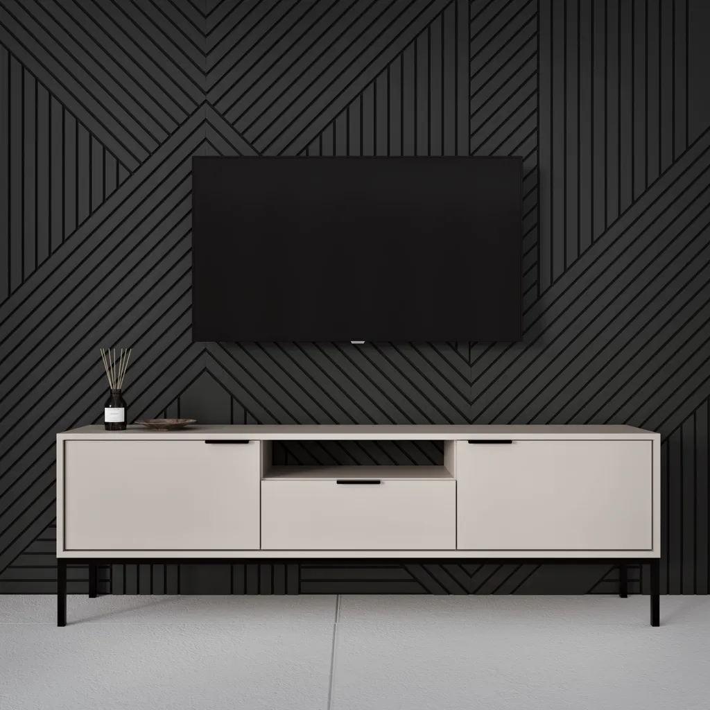 Meuble TV bas coloris cachemire 135 cm avec pieds en métal noir mat