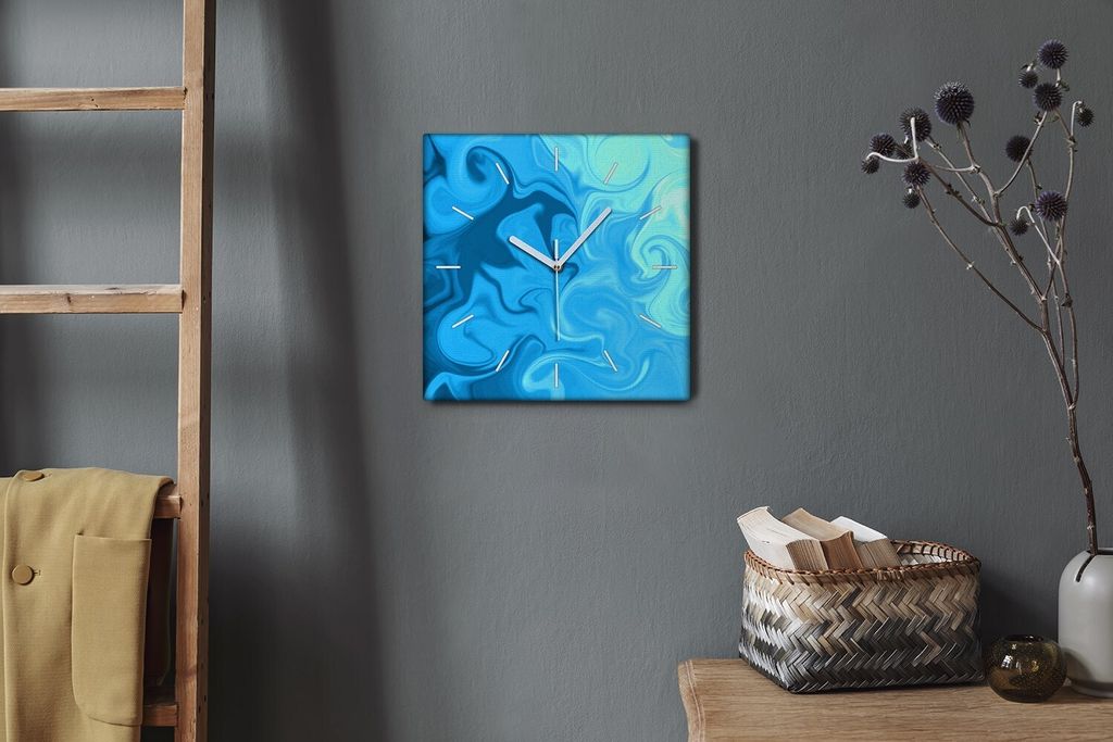 Coloray Hodiny Unikátní 30x30 cm Tiché hodiny Pro obývací pokoj a kuchyň Nástěnné hodiny Plátno Bílé ručičky hodin - modré shrnutí