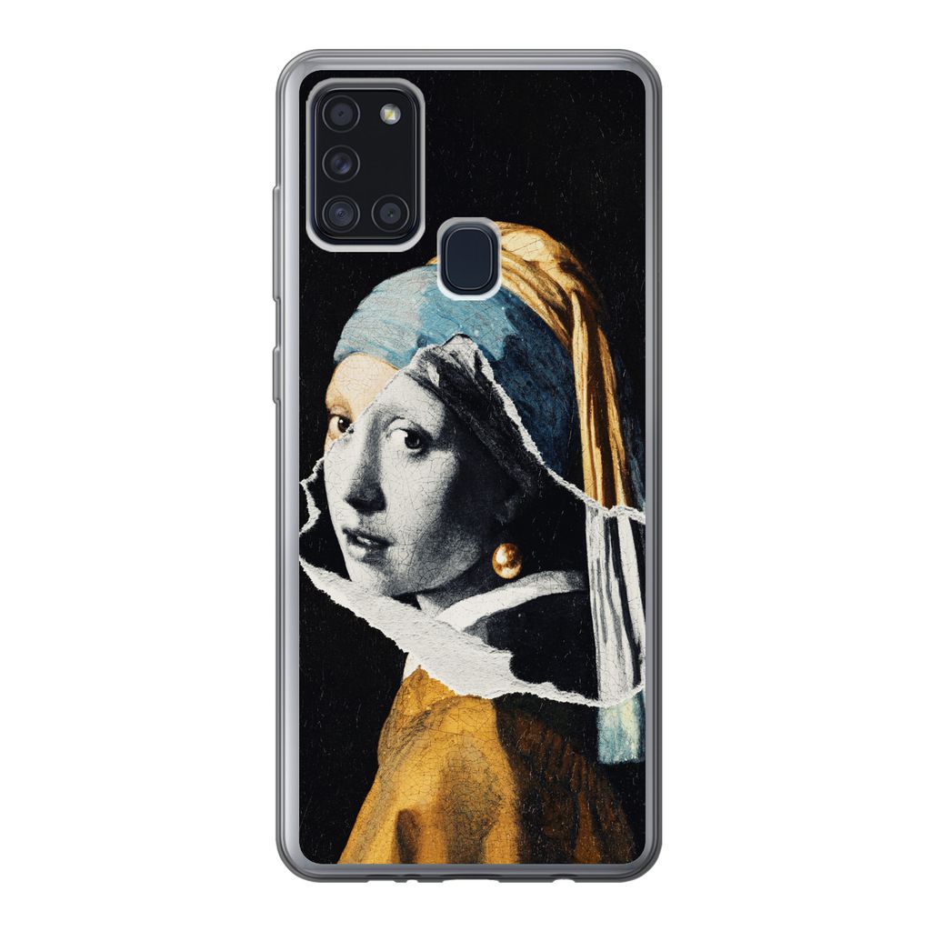MuchoWow Handyhülle Schutzhülle Hülle für Samsung Galaxy A21s Mädchen mit Perlenohrring - Gold - Schwarz - Weiß Silikon Softcase Handy Hül...