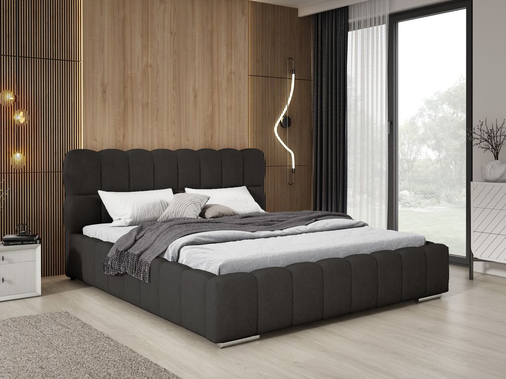 Polsterbett Boucle 200x200 Avilla - Doppelbett mit Lattenrost, Bettkasten - Schwarz