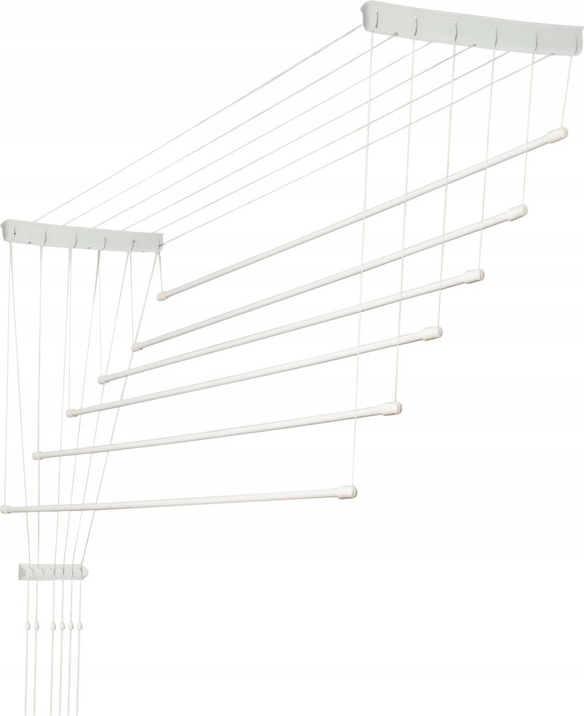 A white ceiling-mounted clothes drying rack with multiple lines.