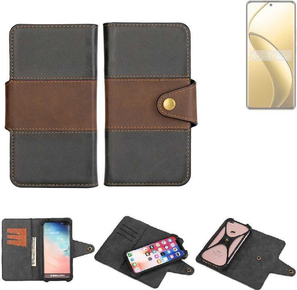 K-S-Trade Handyhülle Schutzhülle Hülle Bookstyle Wallet-Case kompatibel mit Realme 12 Pro+ Bumper Rundumschutz schwarz-braun 1x