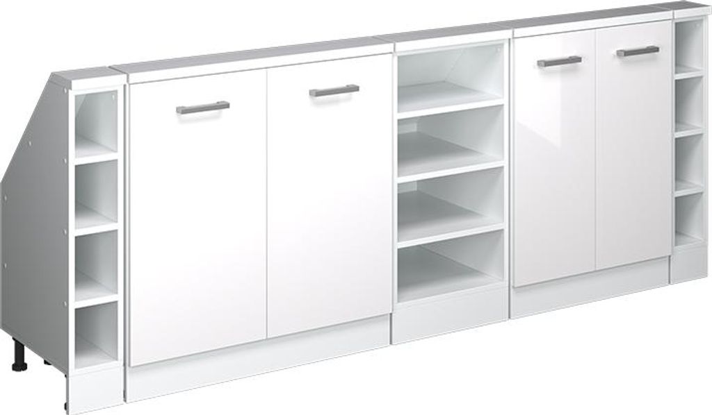 A white high-gloss cabinet set with multiple shelves and doors, shown against a white background.
