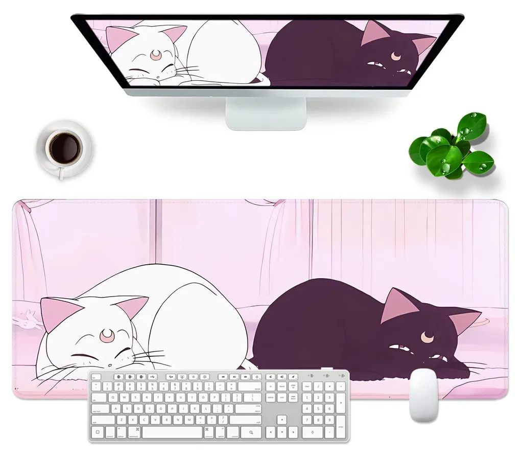 Tapis de souris gaming rose chat XL 800x300mm pour bureau de joueuse