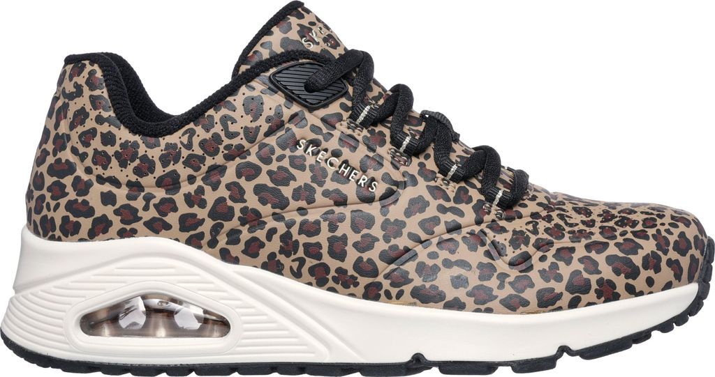 A side view of a single leopard-print sneaker.