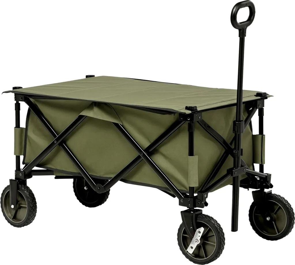 Outsunny Chariot de plage pliable vert avec bâche et 5 sacs de rangement