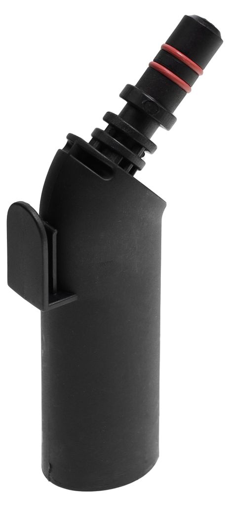 A black plastic connector piece with red rings on an angled nozzle, set against a white background.