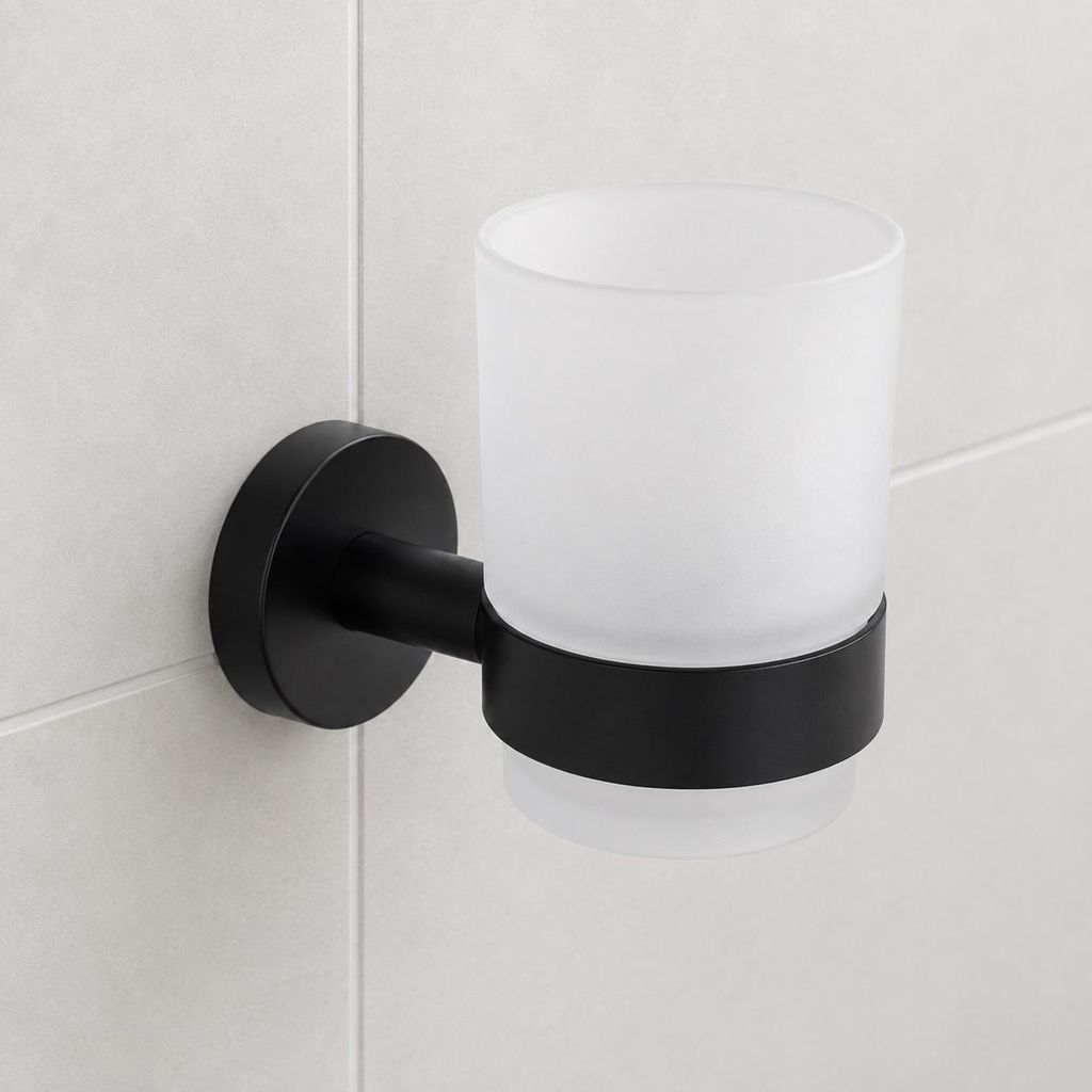 ROUND BLACK Zahnputzbecherhalter aus Edelstahl mit Becher Produktbild 